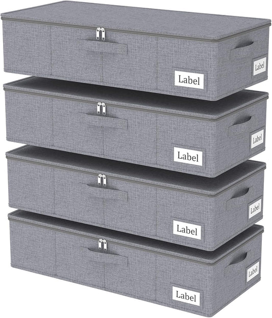 Yawinhe Underbed Bags, Storage Containers Bags with Lid, Foldable Blanket Bins, with Sturdy Zipper und Label Holders, for Clothing, 23.6''Lx11.8''Wx6''H, 4 Pack, Grey