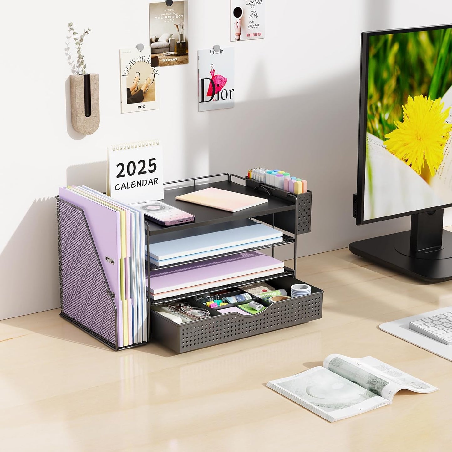 gianotter Wood Desk Organizers and Accessories with File Holder, 4-Tier Desk Accessories & Workspace Organizers with Drawer and Pen Holder, Paper Organizer for Office Supplies (Black)