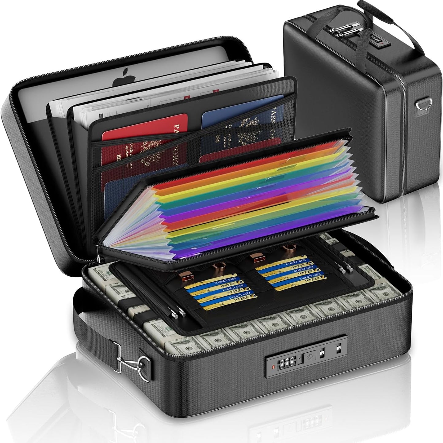 ENGPOW Fireproof Document Box with Lock, Fireproof Water Resistant Hard Case File Organizer Safe Box with Multi Pockets, Protects Important Documents Certificates Laptop Passports (Black)