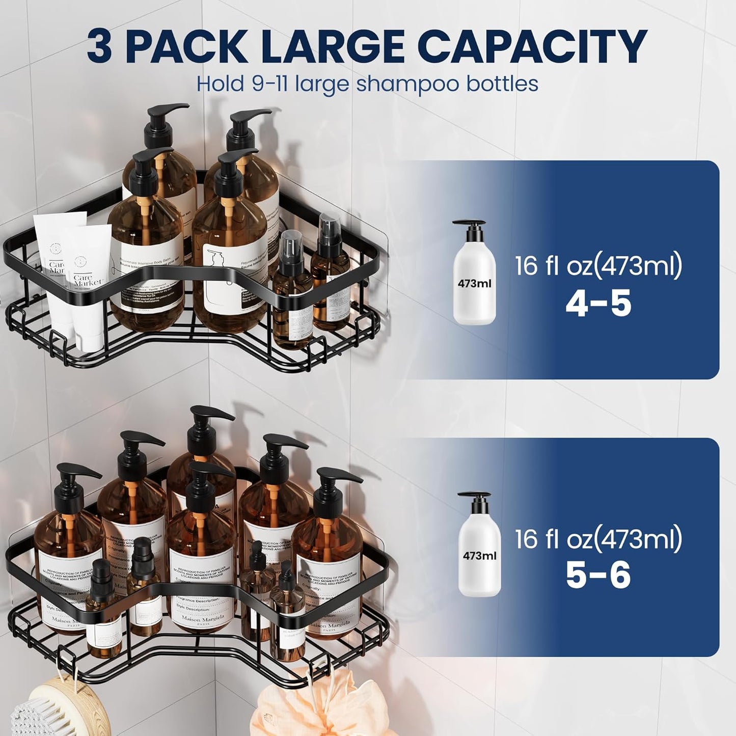 MAXIFFE 3 Pack Corner Shower Caddy with Soap Holder, Large Capacity Sturdy Adhesive Stainless Steel No Drilling Shower Organizer Shelves Rack Storage Inside Shower for Bathroom Family Renters, Black