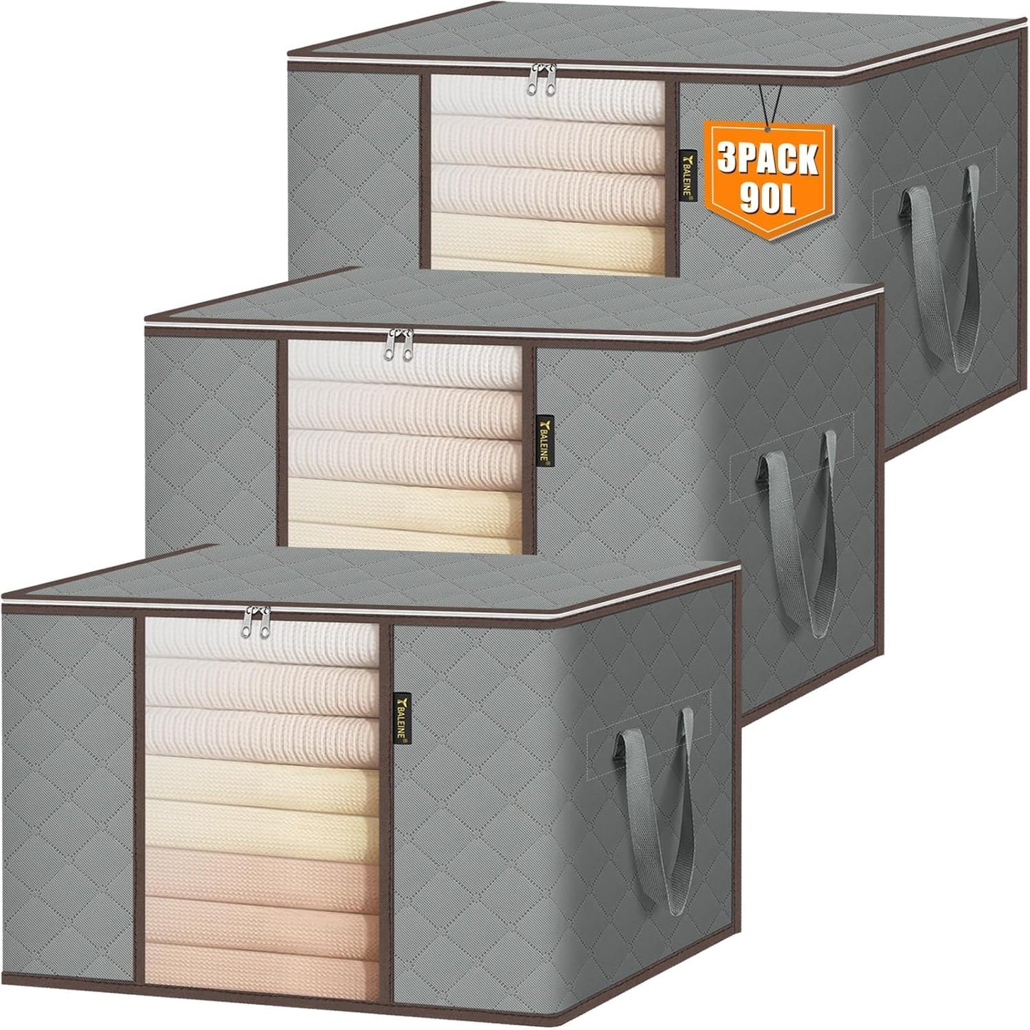 BALEINE 3 Pack Clothes Storage Bags, 24 Gallon Storage Containers with Reinforced Handle, Sturdy Zipper, Closet Organizer for Blanket, Comforter, Pillow, Bedding (Grey, 3 Pack)
