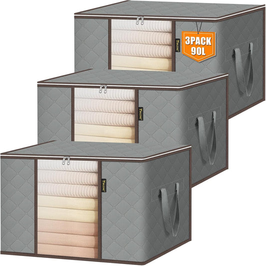 BALEINE 3 Pack Clothes Storage Bags, 24 Gallon Storage Containers with Reinforced Handle, Sturdy Zipper, Closet Organizer for Blanket, Comforter, Pillow, Bedding (Grey, 3 Pack)