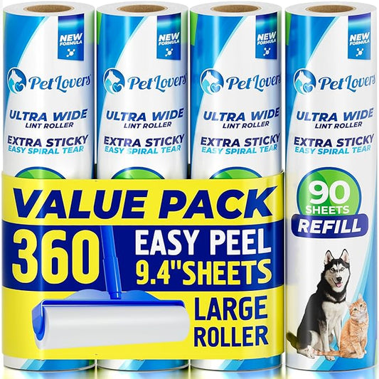 PetLovers Extra Sticky Floor Lint Roller 4 Pack of Refills Only - No Handles Included - 90 Sheets Per Refill 360 Sheets Total