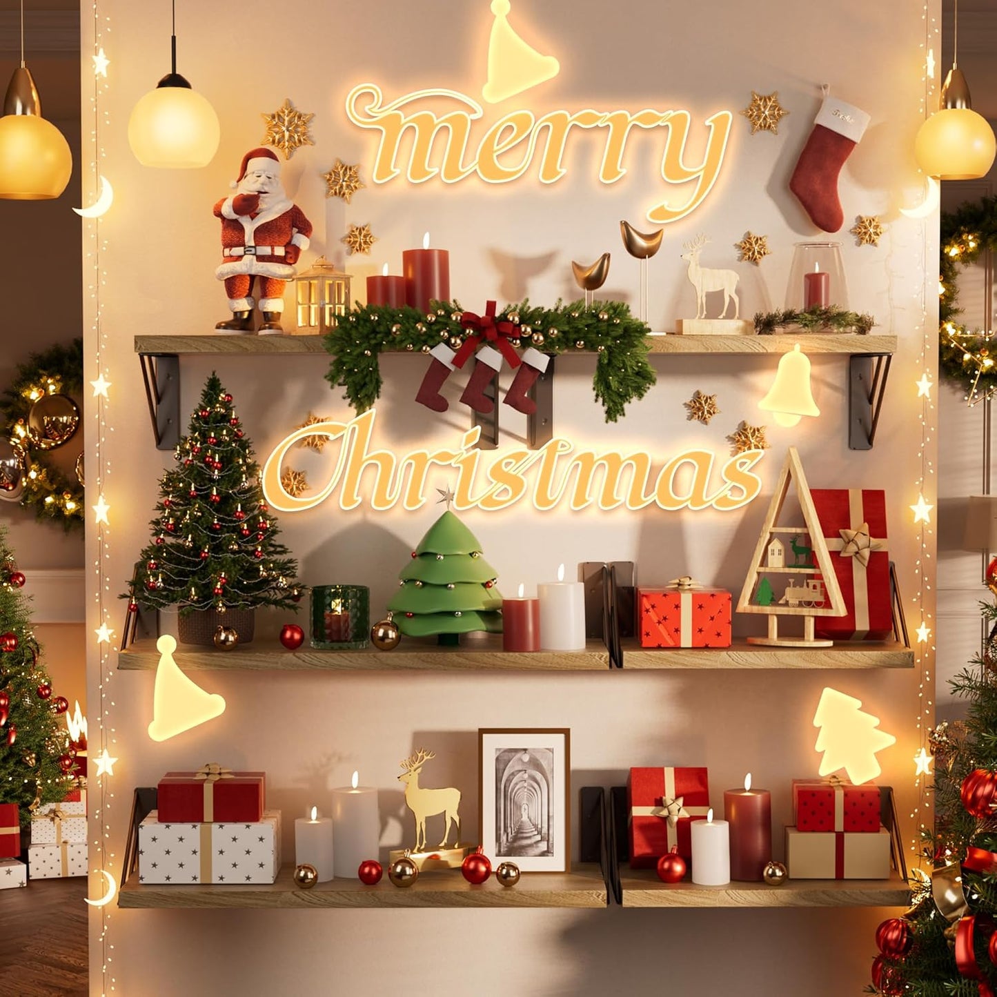 BAYKA Wall Shelves for Bedroom Decor, Floating Wall Shelves for Living Room Kitchen Storage, Wall Mounted Rustic Wood Floating Shelves for Kids Books, Corner Shelves for Bathroom(Brown，Set of 3)