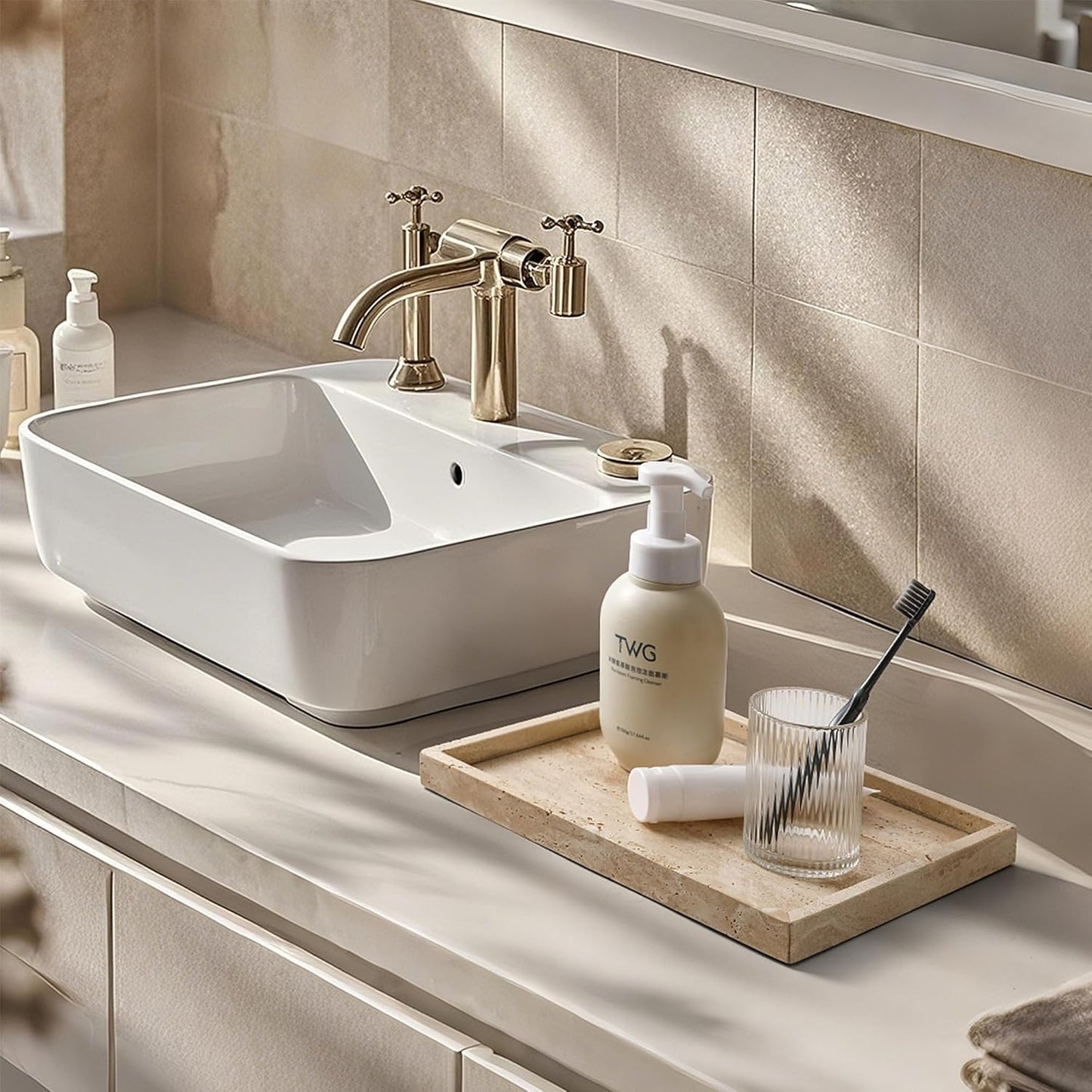 WORHE Vanity Tray Italy Travertine Stone for Jewelry, Perfume, Makeup, Candle Large Natural Marble Decorative Trays for Bathroom Dresser Rectangle Kitchen Storage Organizer for Home Decor Beige(WH021)