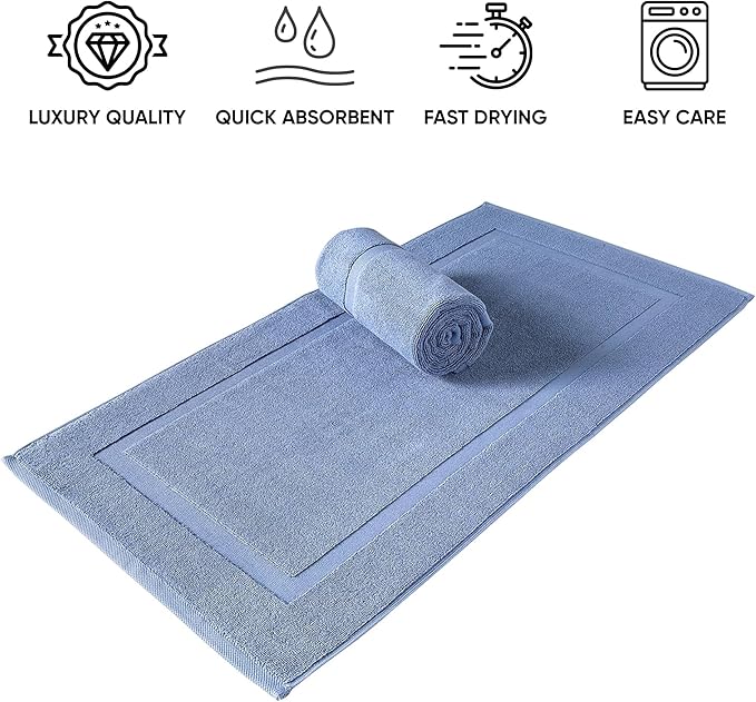 SALBAKOS 100% Turkish Cotton Bath Mat Set 2-Piece - 20x34 inch, Premium Quality Hotel & Spa Collection, Soft, Absorbent, Long Lasting, Durable Bathroom Rugs | Made in Turkey (Blue, 2 Bath Mats)