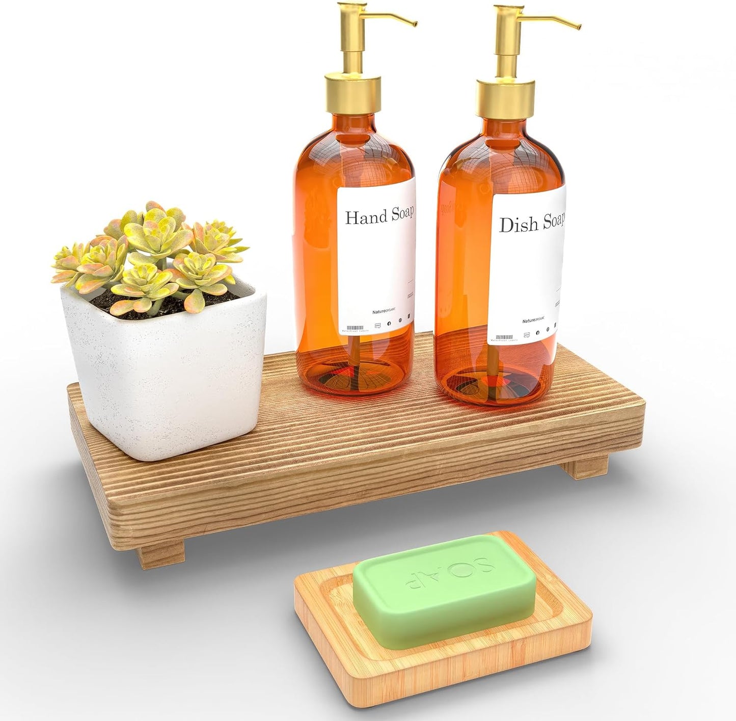 Dish Soap Tray for Kitchen Counter - 2 Pcs Bathroom Accessories Set, 11” Farmhouse Wooden Riser Display Stand, Bamboo Bar Soap Holder, Kitchen Soap Tray, Neutral Bathroom Decor, Brown