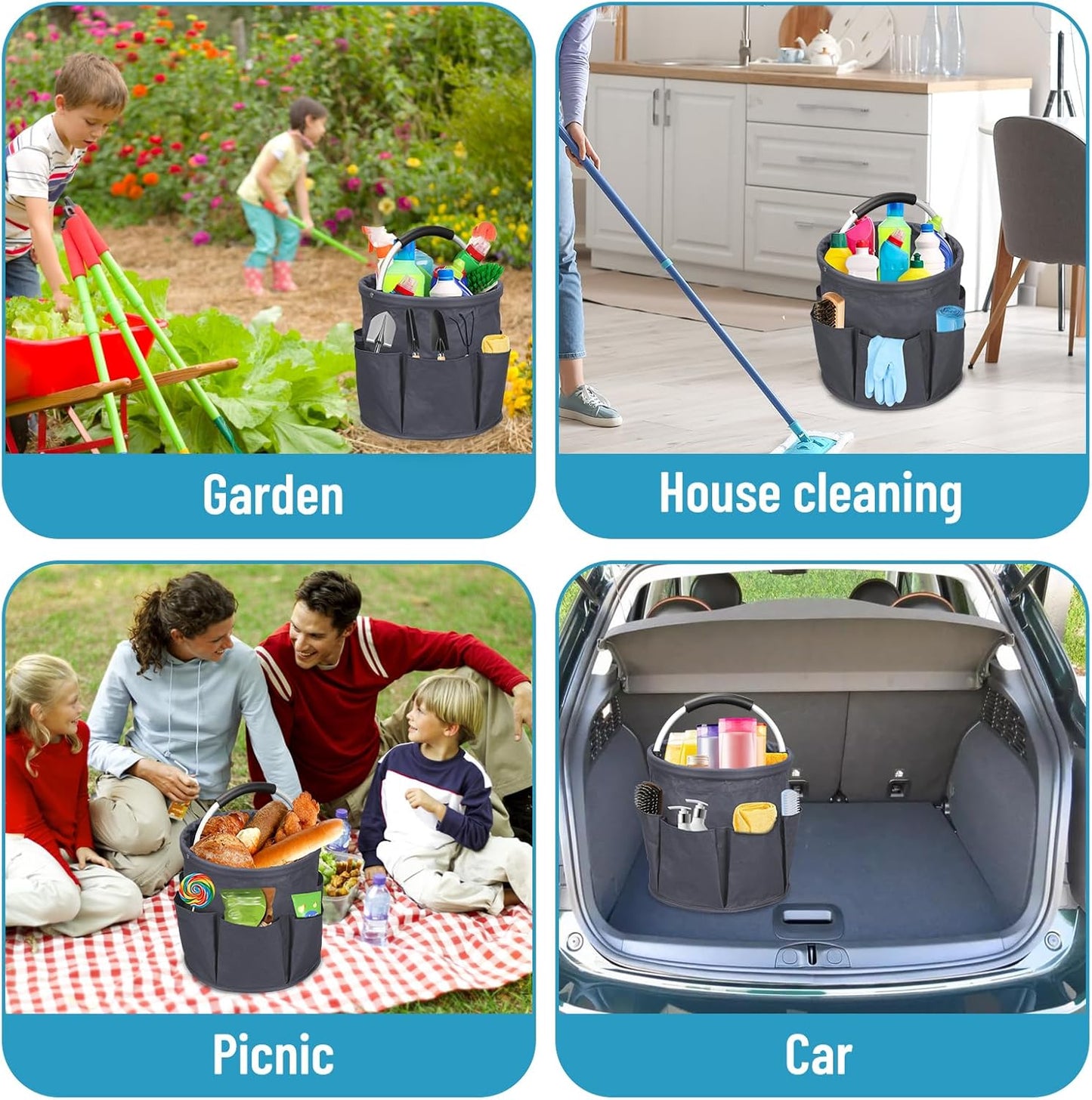 Cleaning Caddy with Handle, 17L Cleaning Supply Caddy Foldable Bucket Organizer Cleaning Products Organizers Cleaning Tools Bag 4.5 Gallon (Dark Gray)