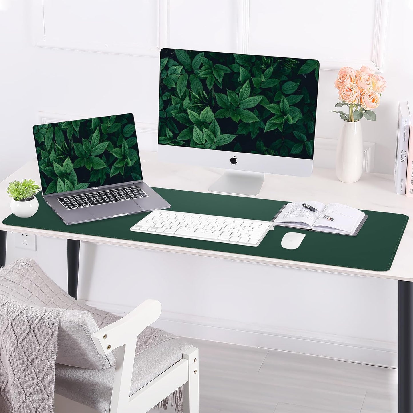 Leather Desk pad Protector, Large Desk mat with Natural Cork & PU Leather,Mouse pad,Non-Slip Office Desk Mat,Waterproof Desk Writing Pad for Office and Home (47in*23in, Dark Green)