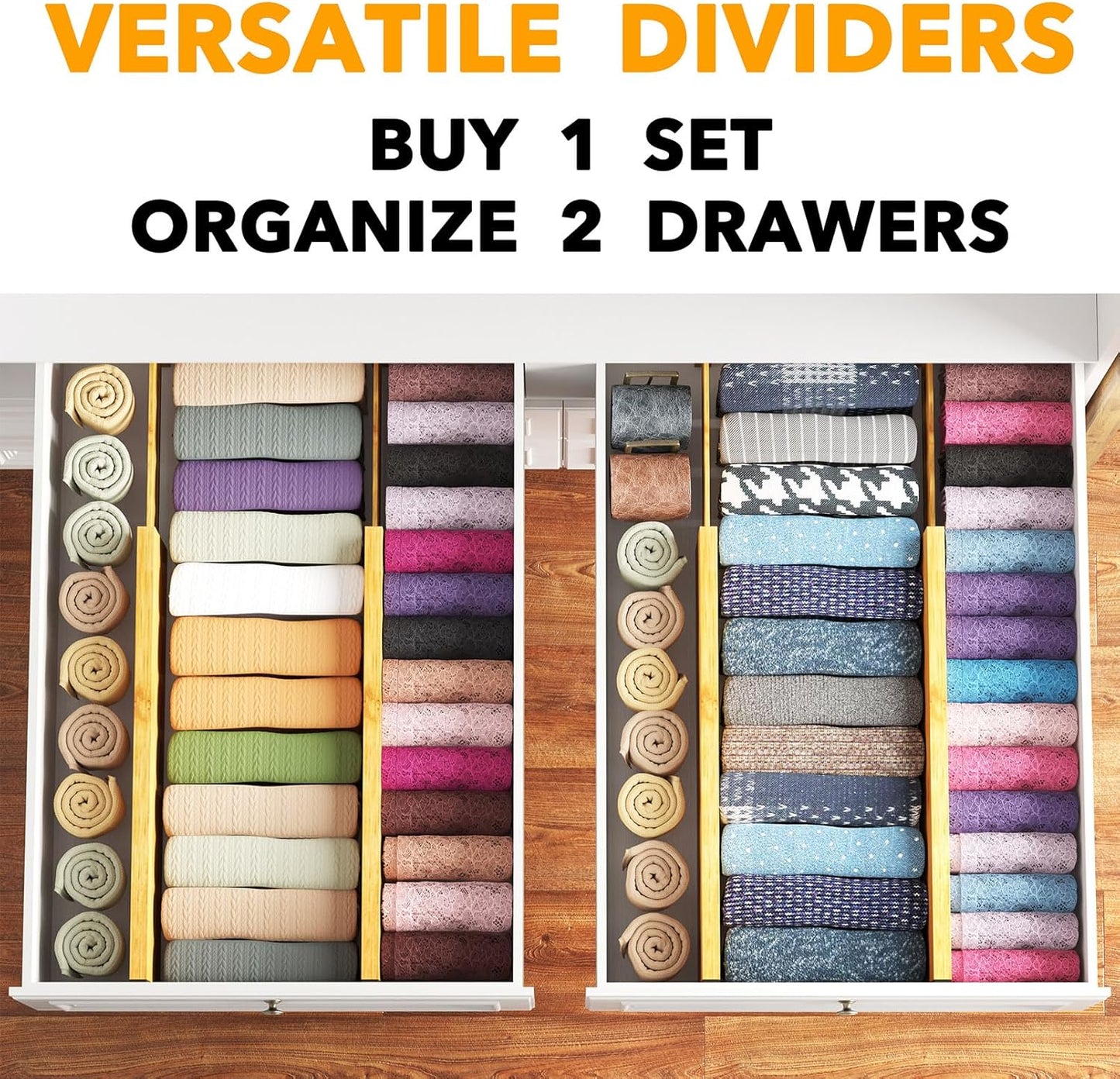 SpaceAid Bamboo 4 Pack Dresser Drawer Dividers, 4.65“ High Adjustable 17“-22” Drawer Organizers, Expandable Organization for Clothing, Clothes, Dressers, Natural