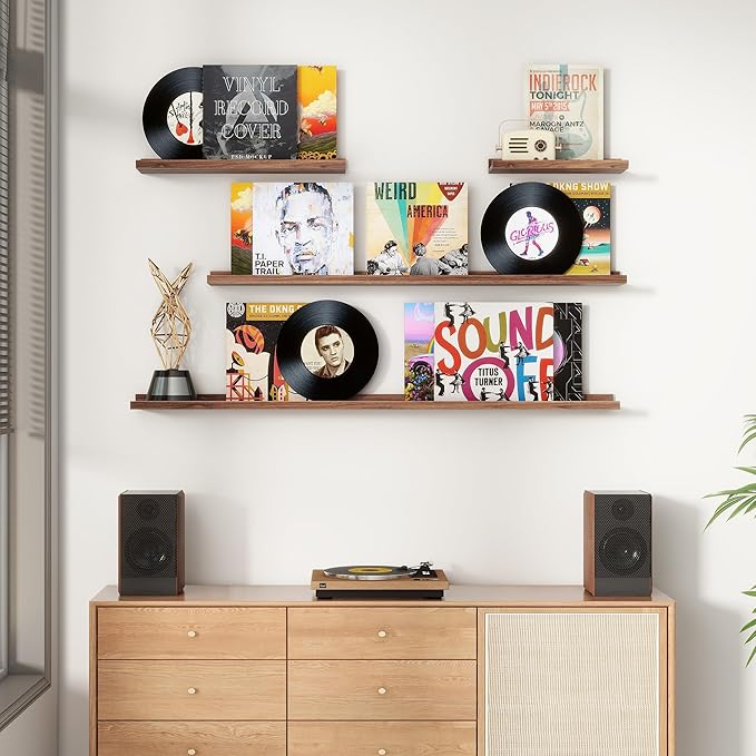 48 Inch Walnut Modern Wall-Mounted Wooden Picture Ledge Bookshelf Set of 4, Floating Shelves