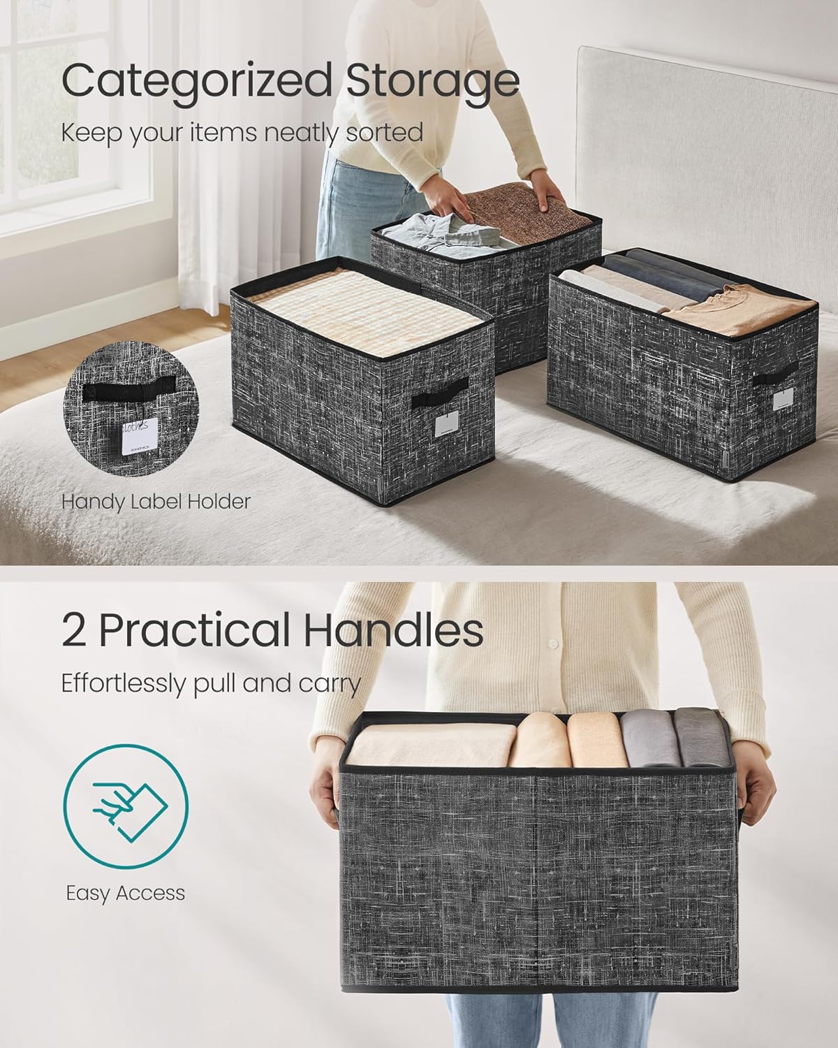 SONGMICS Storage Cubes, 19.7 x 11.8 x 11.8 Inches Non-Woven Fabric Bins with Double Handles, Set of 3, Closet Organizers for Shelves, Foldable, for Clothes, Ink Black UROB450B01
