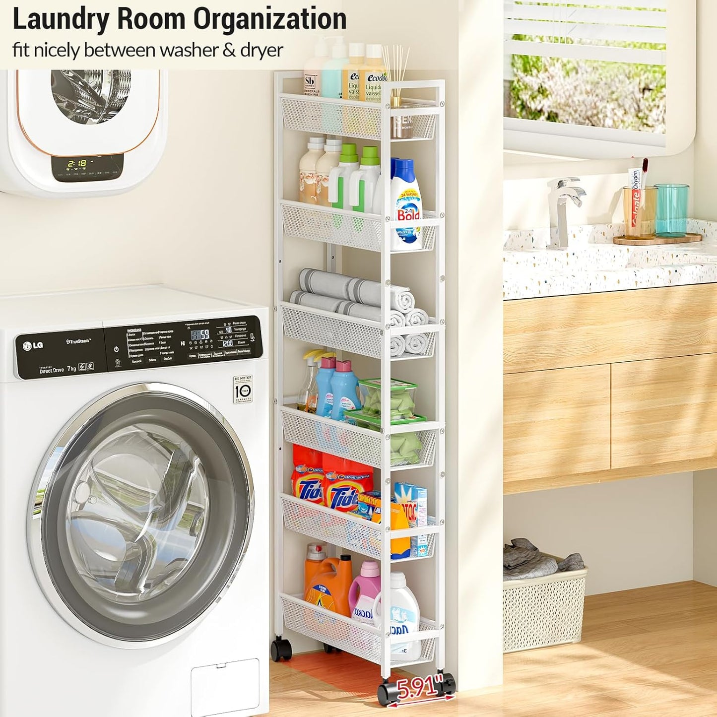 6 Tier Slim Storage Cart, Narrow Cart with Wheels, Metal Mobile Shelving Unit Organizer for Bathroom, Kitchen, Laundry Room, Living Room & Narrow Spaces, White, 6in(W)