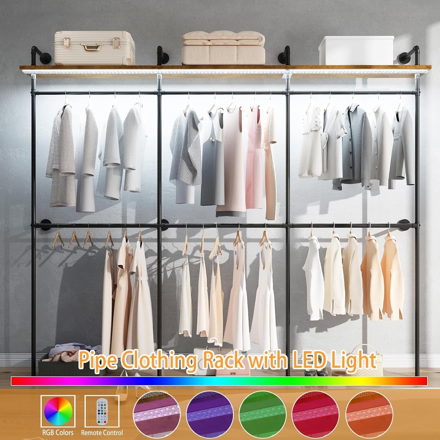 Industrial Pipe Clothes Racks with LED Lights& Shelves, 118" Wall Mounted Clothing Rack for Hanging Clothes, Heavy Duty Industrial Pipe Shelving for Walk-in Closet, Black