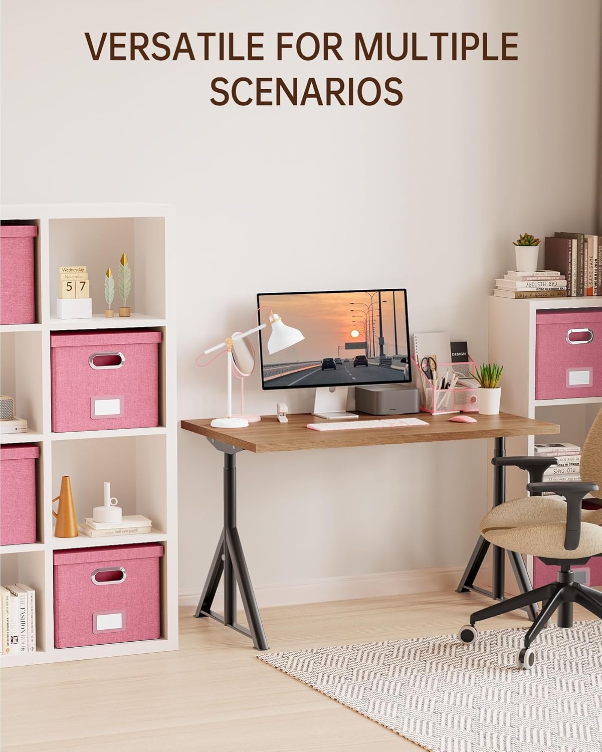 Oterri File Organizer, File Box, File Cabinet for Letter File Folder Storage, Portable Storage Bins with Lids for Office/Decor/Home, 1 Pack, New-pink-Box only