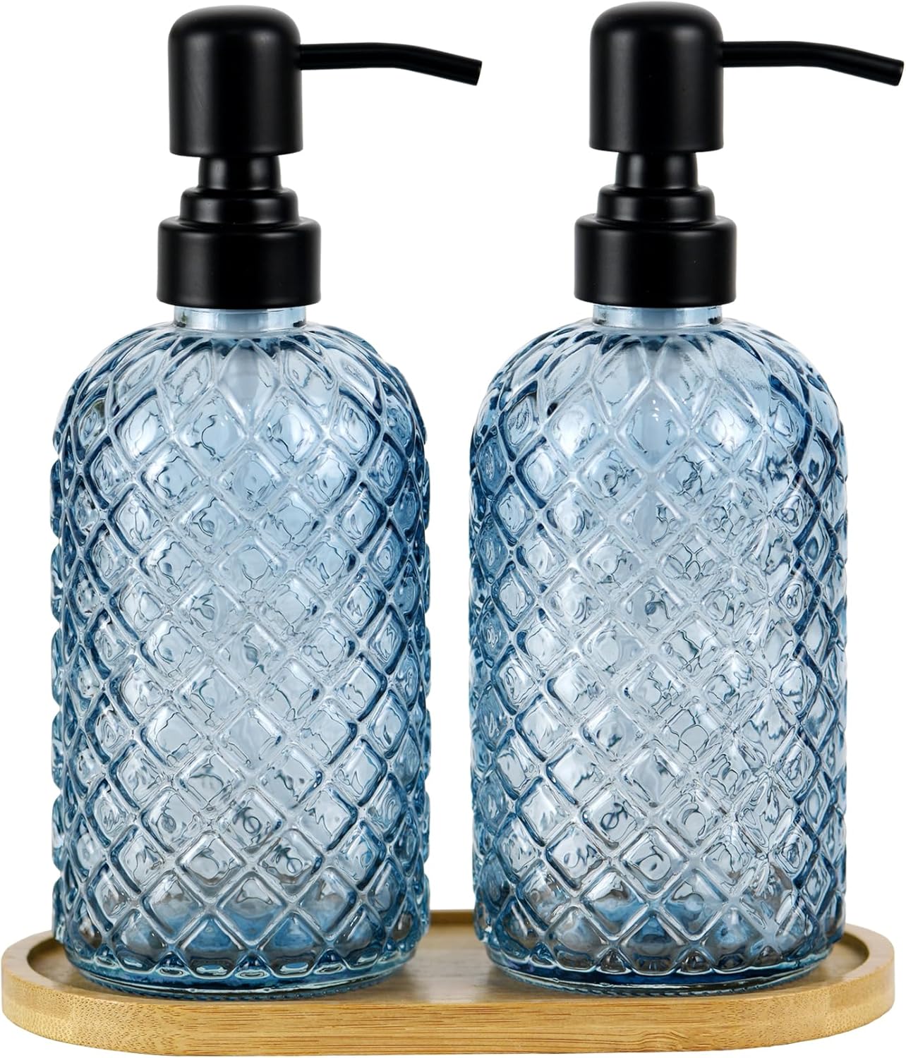 12Oz Glass Soap Dispenser with 304 Black Rustproof Stainless-Steel Pump, Refillable Glass Soap Dispenser for Kitchen, Bathroom, Farmhouse (Blue-2pack& Tray)