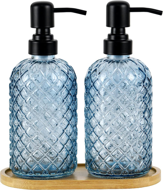 12Oz Glass Soap Dispenser with 304 Black Rustproof Stainless-Steel Pump, Refillable Glass Soap Dispenser for Kitchen, Bathroom, Farmhouse (Blue-2pack& Tray)