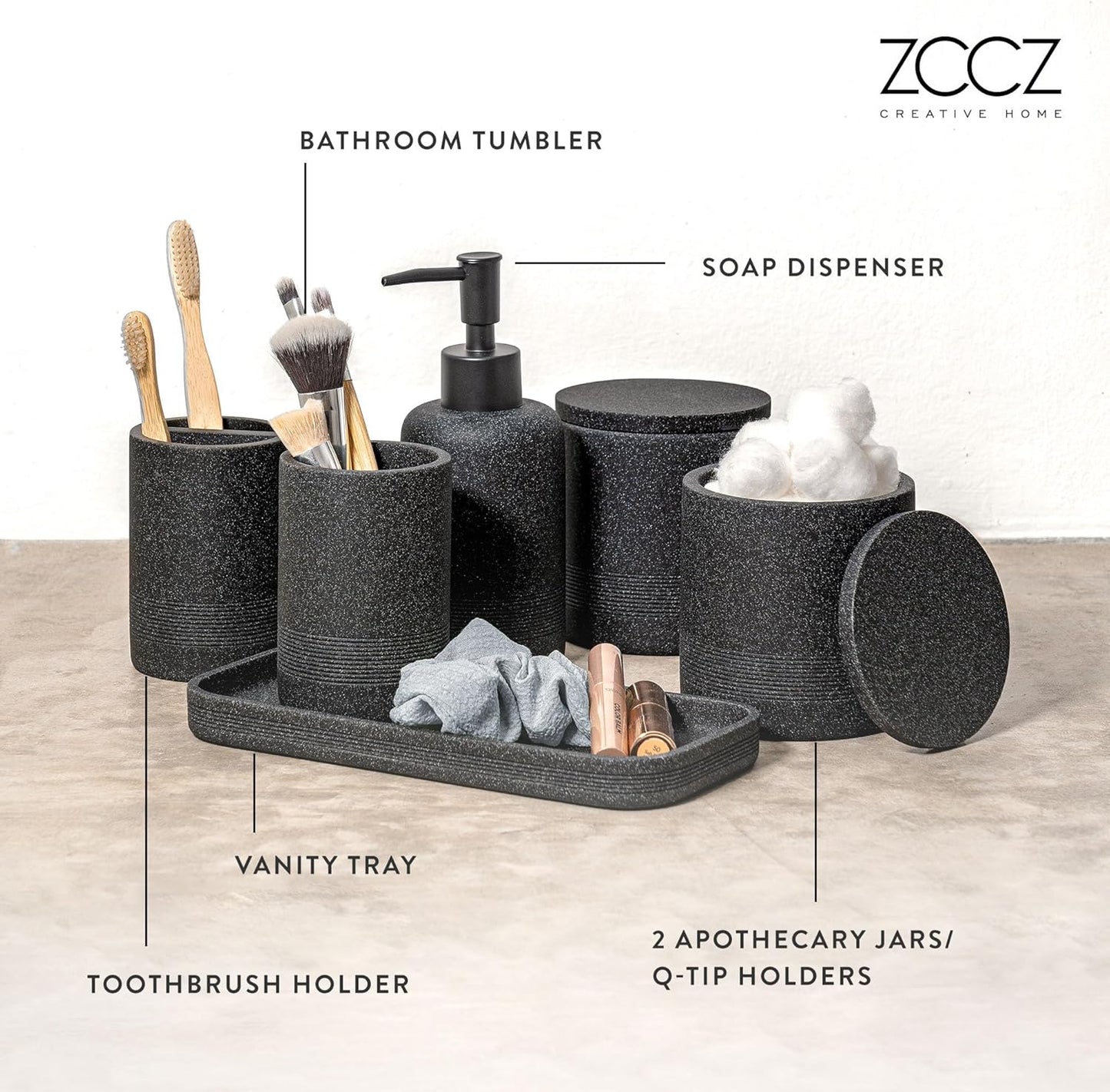 ZCCZ Black Stone Bathroom Accessories Set 6 Pieces - Toothbrush Holder, Lotion Dispenser, Qtip Container, Vanity Tray, Tumbler - Countertop Organizer for Bathrooms - Elegant and Functional Décor Set