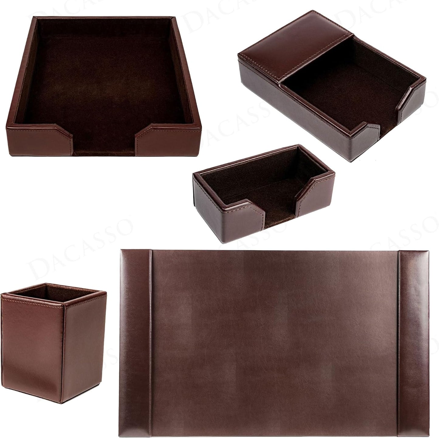 DACASSO Bonded Leather Desk Set - Luxury Leather Desk Pad & Organization Essentials - Executive Office Decor - Dark Brown, 5 Piece