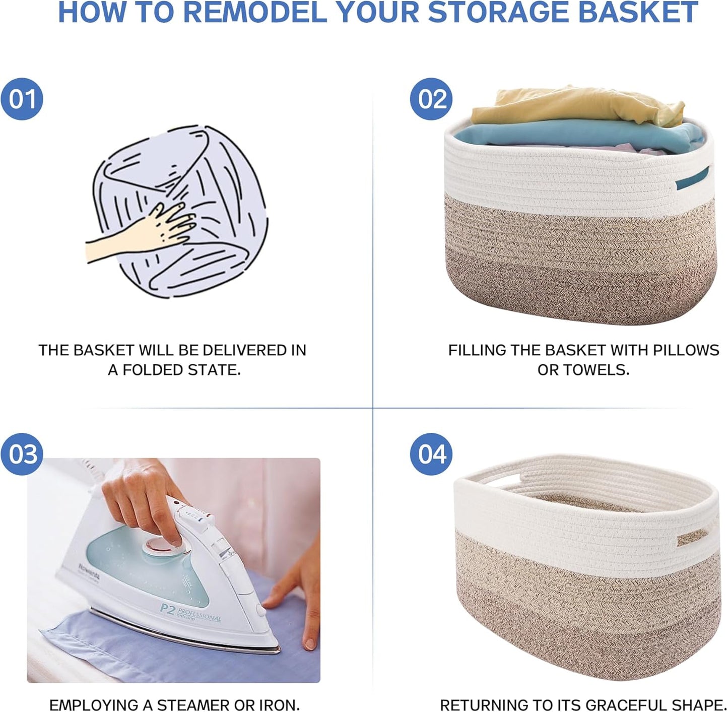 4 Pack Woven Storage Baskets for Organizing - Cotton Rope Baskets for Closet, Toys, Books, Towels, Durable Storage Bins for Shelves, Living Room, Bedroom, 14.76''Lx9.84''Wx8.86''H (khaki, 13")