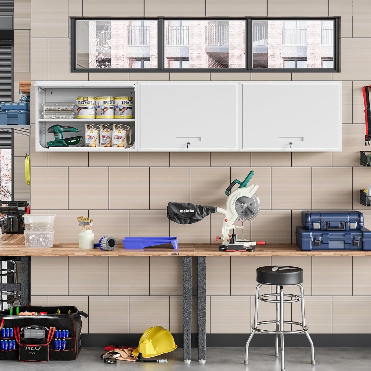 Metal Wall Cabinet with Locking Door and Shelf, Hanging Garage Cabinets with Up-Flip Doors for Garage, Warehouse, Home, Office, Assembly Required (White, One Cabinet)