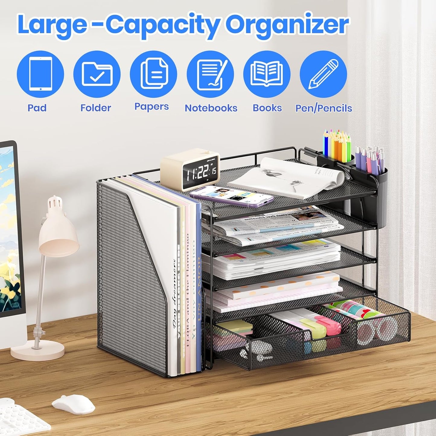 Desk Organizers and Accessories with File Holder, 5-Tier Office Desk Accessories & Workspace Desktop Organizer with Drawer and 2 Pen Holder, File Paper Organizer for Office Supplies(Black)