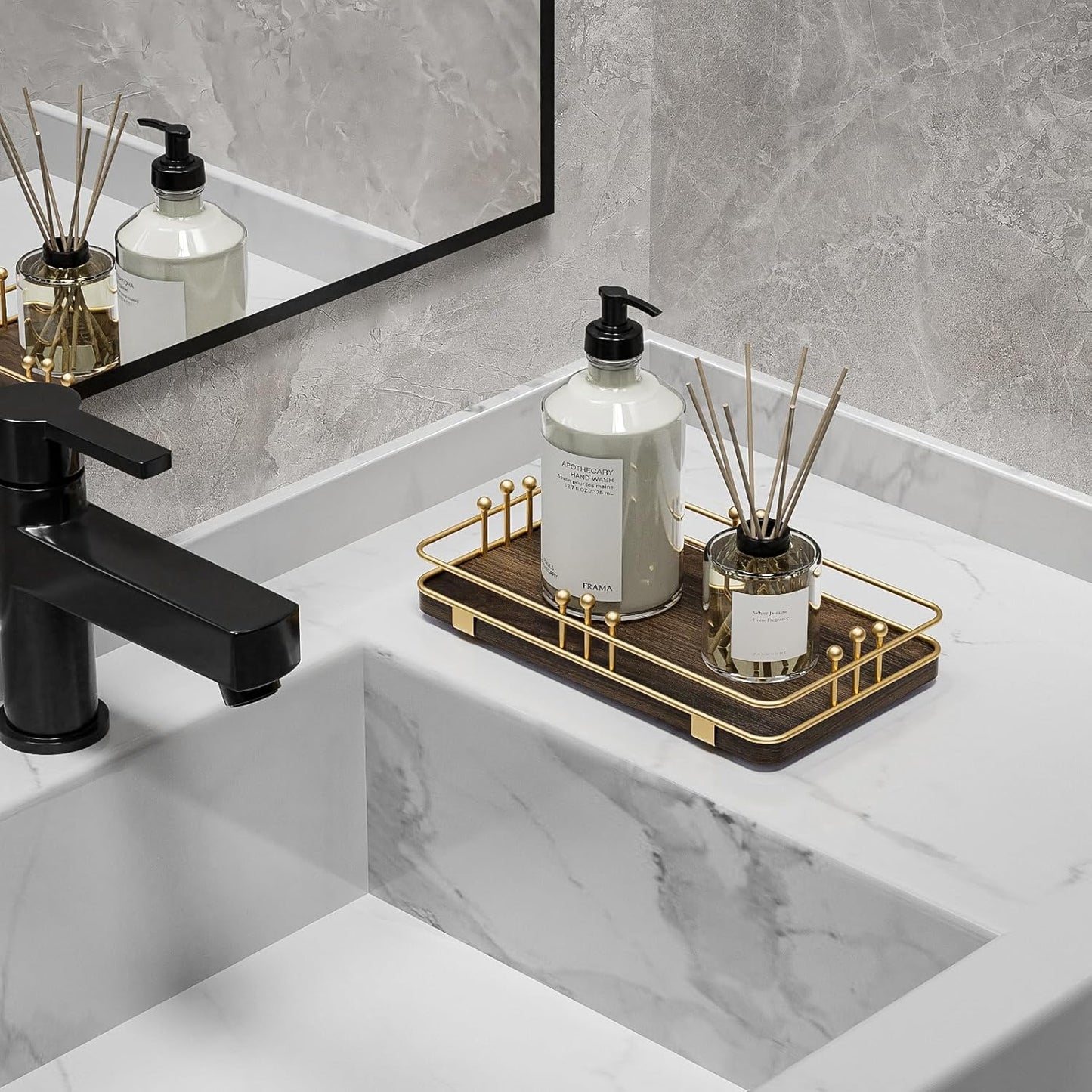 Bathroom Vanity Tray for Toiletries Makeup Perfume Candle Toilet Tank, Kitchen Tray for Soap Dispenser Spice Salt, Small Tray for Countertop Decor Coffee Nightstand 7.9”x4.4” Brown-Gold