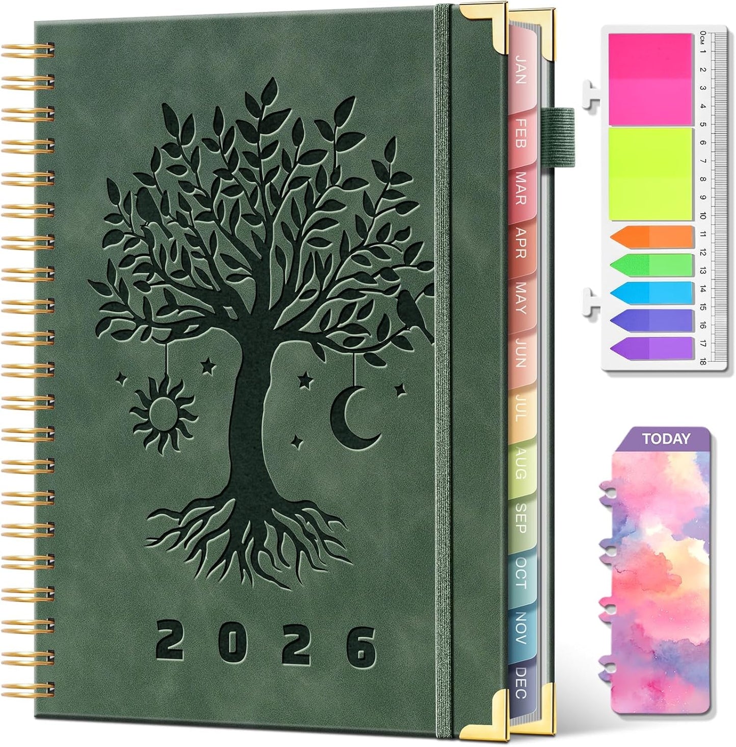 2026 Planner Weekly and Monthly Hardcover Leather Planner with Tabs 53 Weeks Schedule 8.5" x 11" Planners with Stickers for Women Yearly Agenda with Inner Pocket, Green(Tree of Life)