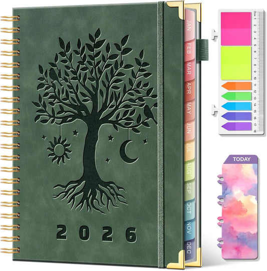 2026 Planner Weekly and Monthly Hardcover Leather Planner with Tabs 53 Weeks Schedule 8.5" x 11" Planners with Stickers for Women Yearly Agenda with Inner Pocket, Green(Tree of Life)