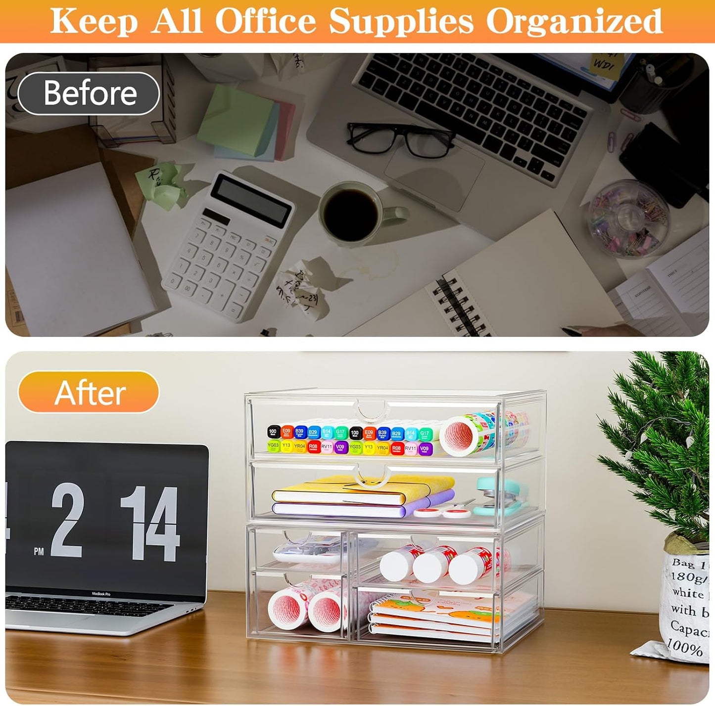 Acrylic Organizer with 6 Drawers, Bathroom Counter Organizer, Makeup Desk Organizers, Office Supplies, Storage Drawers for Cosmetic, Pencil, Coffee