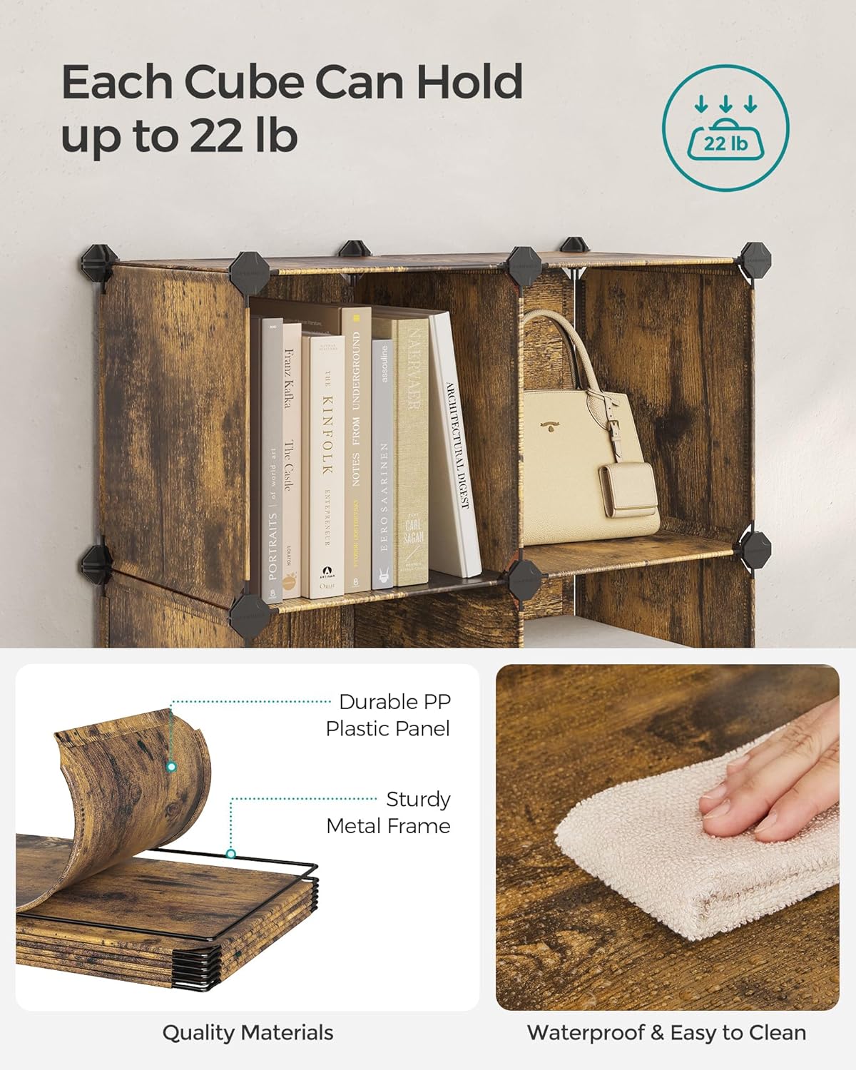 SONGMICS 6 Cube Storage Organizer, Modular Bookshelf, DIY Closet Organizers and Storage, Plastic Stackable Shelves, 11.8 x 11.8 x 11.8 Inch Cubes, with Feet and Rubber Mallet, Rustic Brown ULPC111A01