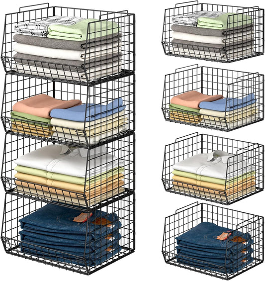 4-Tier Stackable Closet Organizers and Storage Shelves, Foldable Closet Shelf Organizer System, Space-Saving Clothes Storage Drawer Organizer Basket Bins, Black