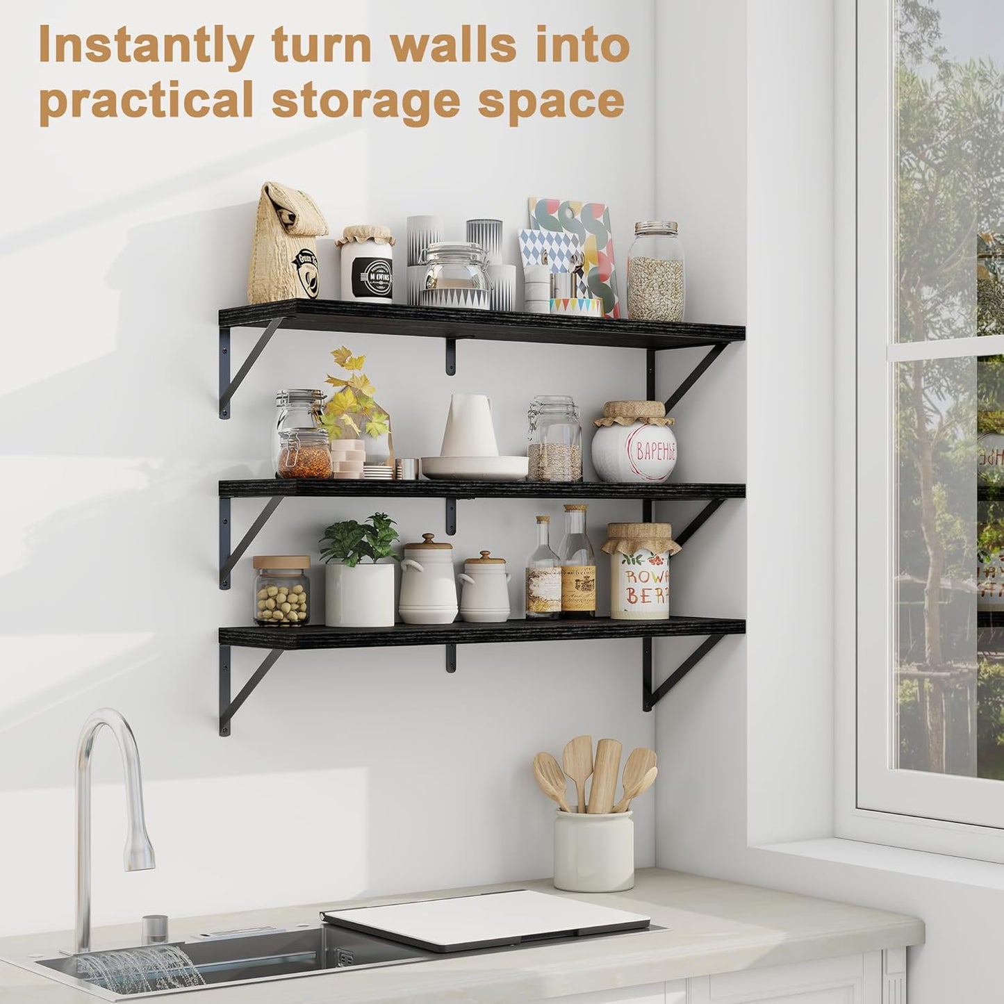 Fun Memories Floating Shelves for Wall, 36 Inches Long Set of 3 Wall Shelves for Bedroom, Floating Bookshelves with Metal Brackets for Living Room, Kitchen, Bedroom and Laundry Room (Black)