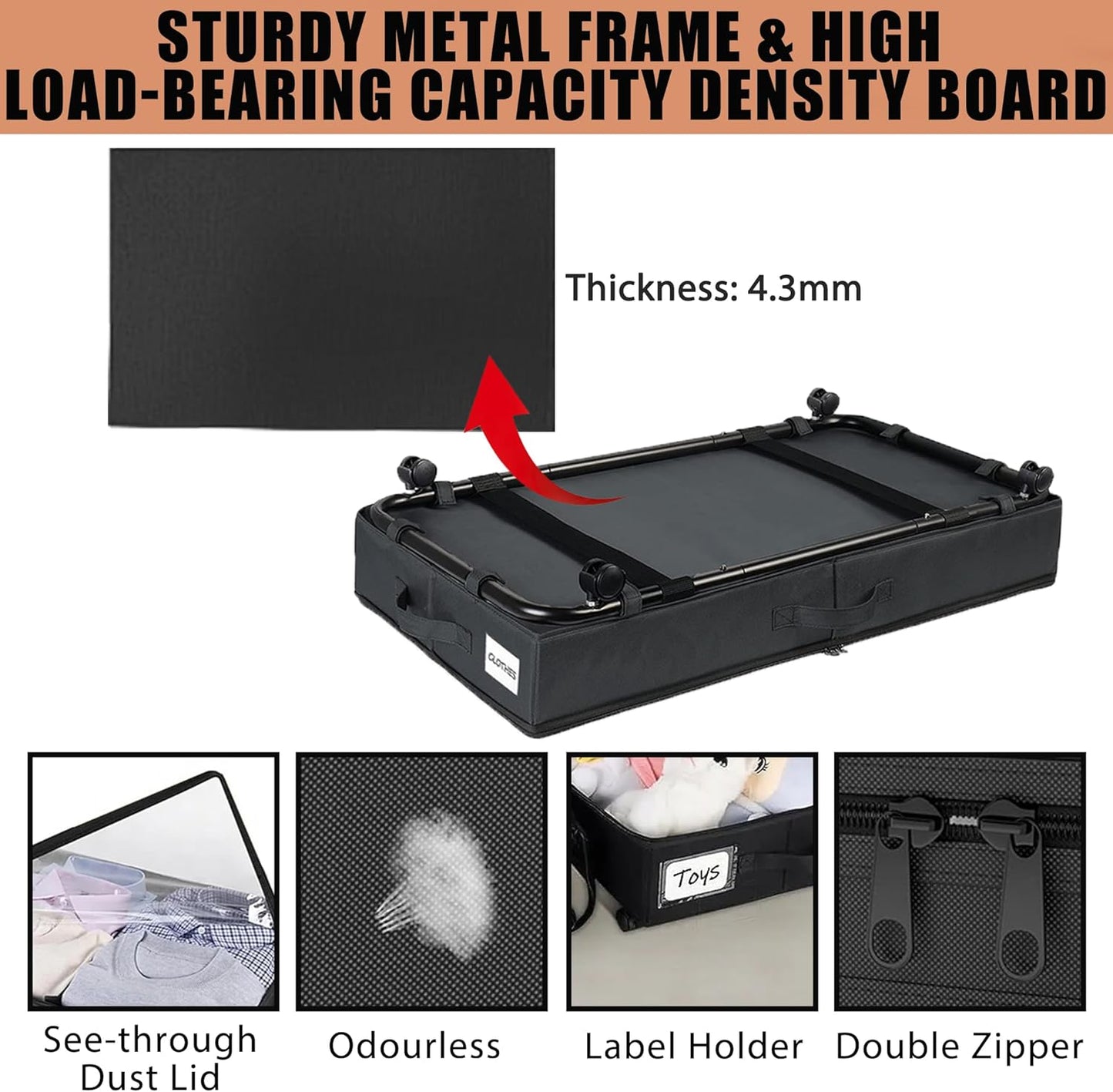 2 Pack Under Bed Storage Rolling Metal Frame Underbed Containers with Wheels Lid Visiable Window Storage Bag Box Organizer Home Closet Organization Drawer Bins for Clothes Shoes Toys Blanketss Black