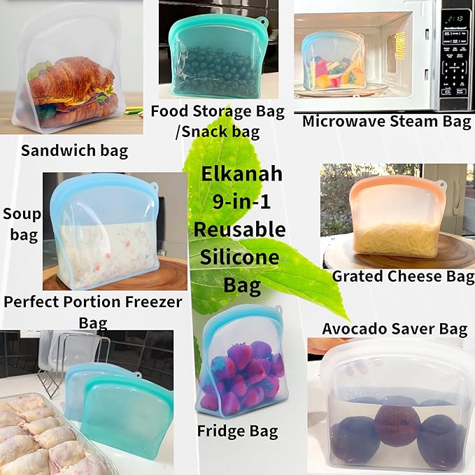 Elkanah Stand Up Food Grade Silicone Reusable Storage Bag Quart 42fl oz Freezer Bags Silicone for Food Storage bags oven Leakproof|Microwave|Oven|Sous Vide|Dishwasher safe set of 4