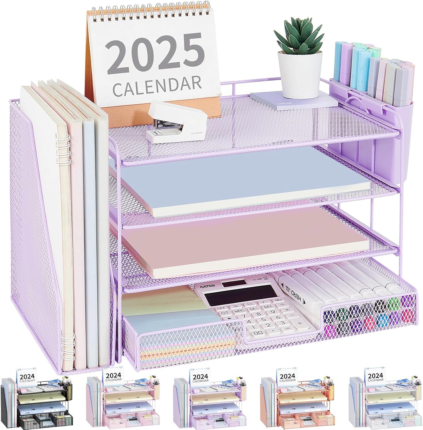 Desk Organizer and Accessories, 4-Tier Desktop File Organizer with Drawer and 2 Pen Holders, Office Desk Accessories, File Sorters, Workspace Organizers for Office Supplies(Purple)
