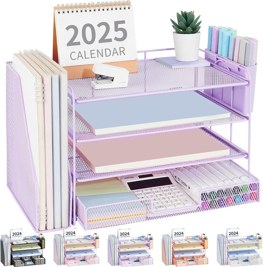 Desk Organizer and Accessories, 4-Tier Desktop File Organizer with Drawer and 2 Pen Holders, Office Desk Accessories, File Sorters, Workspace Organizers for Office Supplies(Purple)