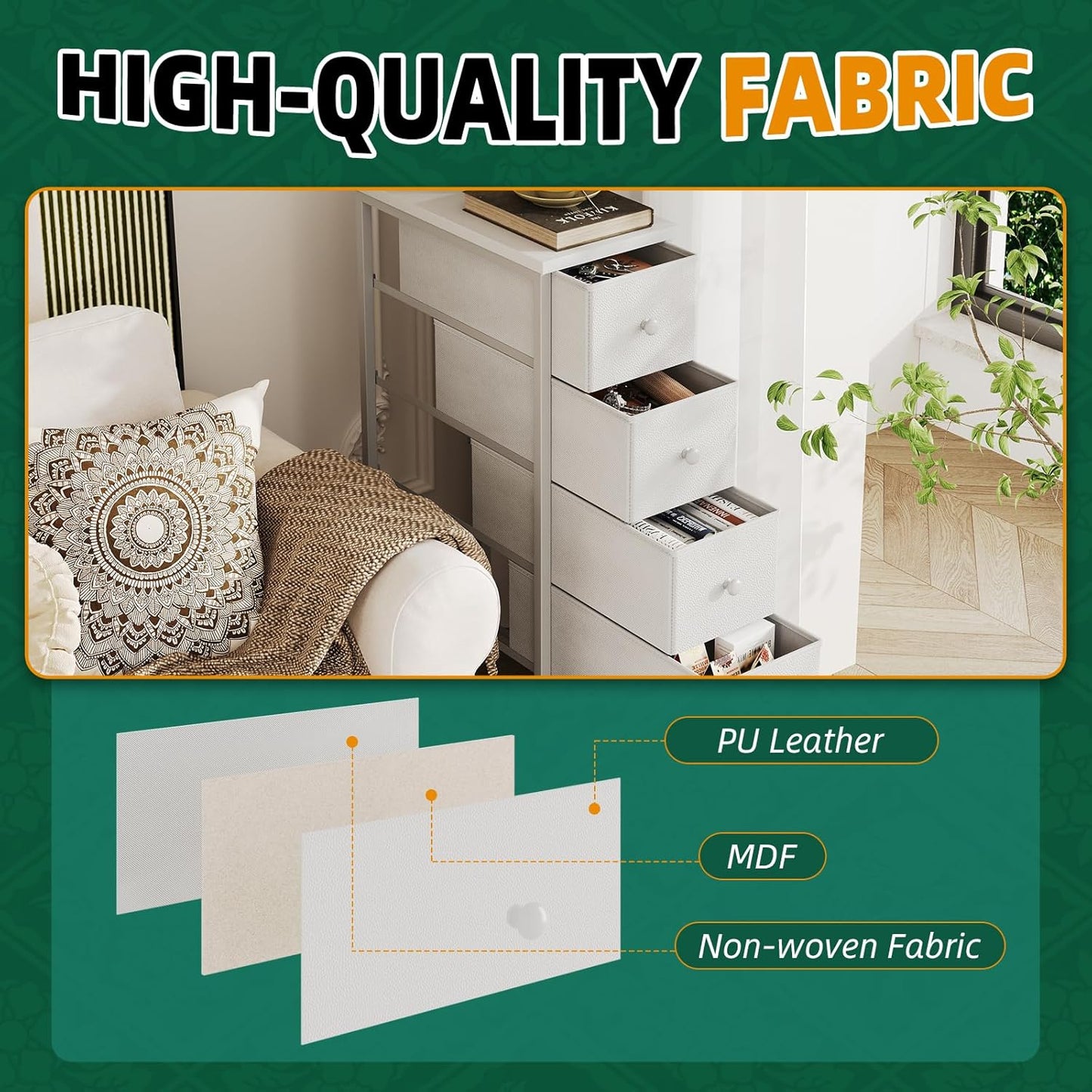 Narrow Dresser, 19" Wide Narrow Nightstand Dresser Storage Tower with 5 Drawers, Slim Fabric Dressers Chest of Drawers for Small Spaces, Wood Top & Fabric Bins for Bedroom Bathroom Closet (White)