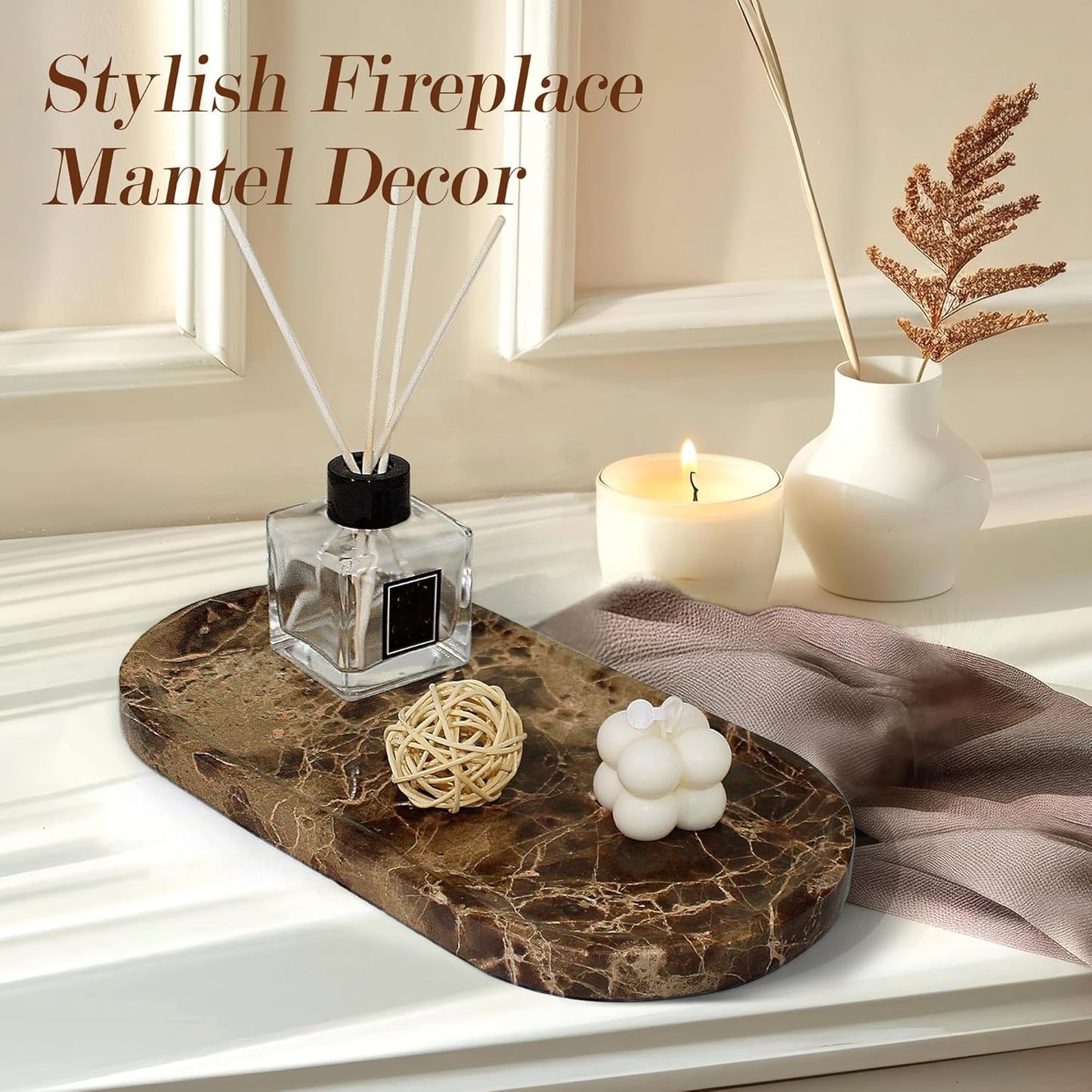 100% Real Natural Marble Tray for Bathroom, Luxury Dark Brown Stone Vanity Tray, Decorative Oval Trays for Countertop Storage, Organizer, Vanity, Dresser, Kitchen, Home Decor, 11.8" x 6", Brown