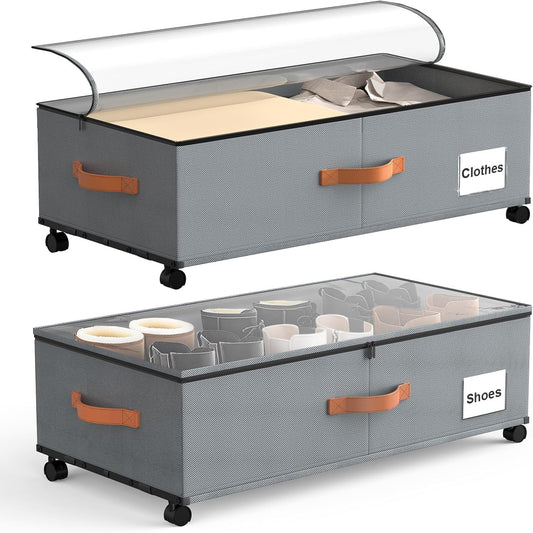 Under Bed Storage Containers with Wheels, 9.5 inches Higher Underbed Shoes Blankets Clothes Toy Storage Drawers for College Dorms Bedrooms Nursery Rooms Organization, 2 Pack to be Assembled