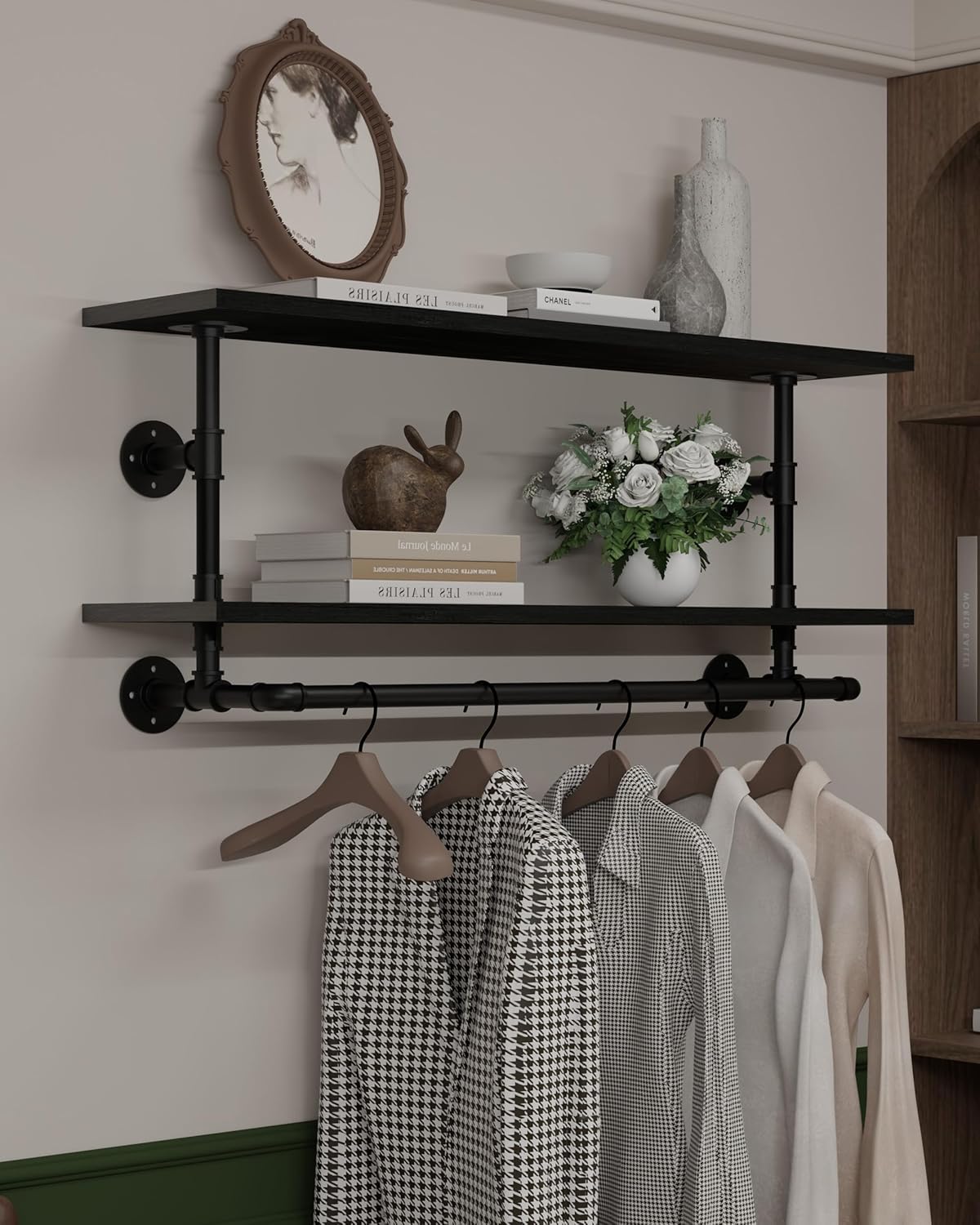 Black Clothes Rack 42in, 2-Tier Wall Mounted Garment Rack with Real Wood Shelf, Heavy Duty Hanging Clothes Rack, Multi-Purpose Hanging Rod, Space-Saving Closet Storage