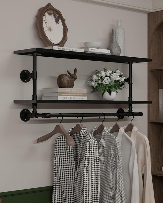 Black Clothes Rack 42in, 2-Tier Wall Mounted Garment Rack with Real Wood Shelf, Heavy Duty Hanging Clothes Rack, Multi-Purpose Hanging Rod, Space-Saving Closet Storage