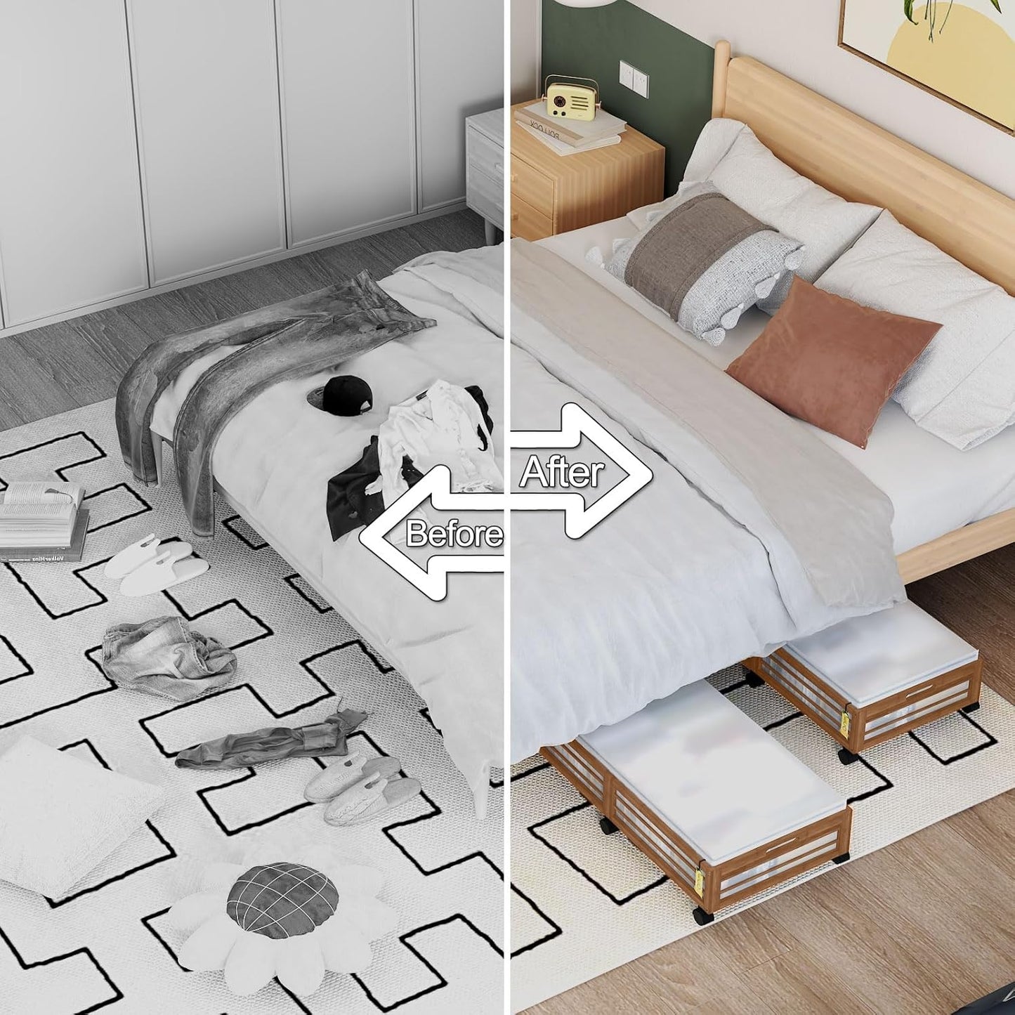 Bamboo Underbed Storage Containers with Wheels & Bag 2 Pack, Large Under Bed Rolling Storage Bins Wood Under Bed Clothes Storage Stackable Drawers for Bedroom Closet Under Crib Toy(Walnut)