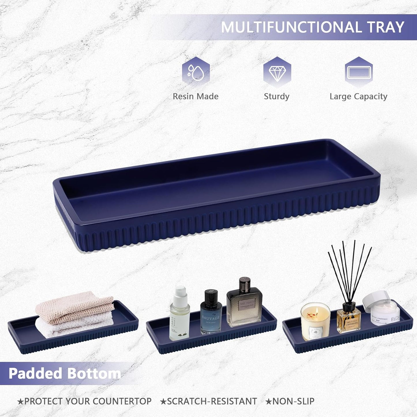 Resin Navy Blue Bathroom Accessories Set 5 Pcs, Lotion Soap Dispenser, Toothbrush Holder, Bathroom Tumbler, Qtip Holder and Vanity Tray, Bathroom Countertop Organizer Set for Modern Apartment