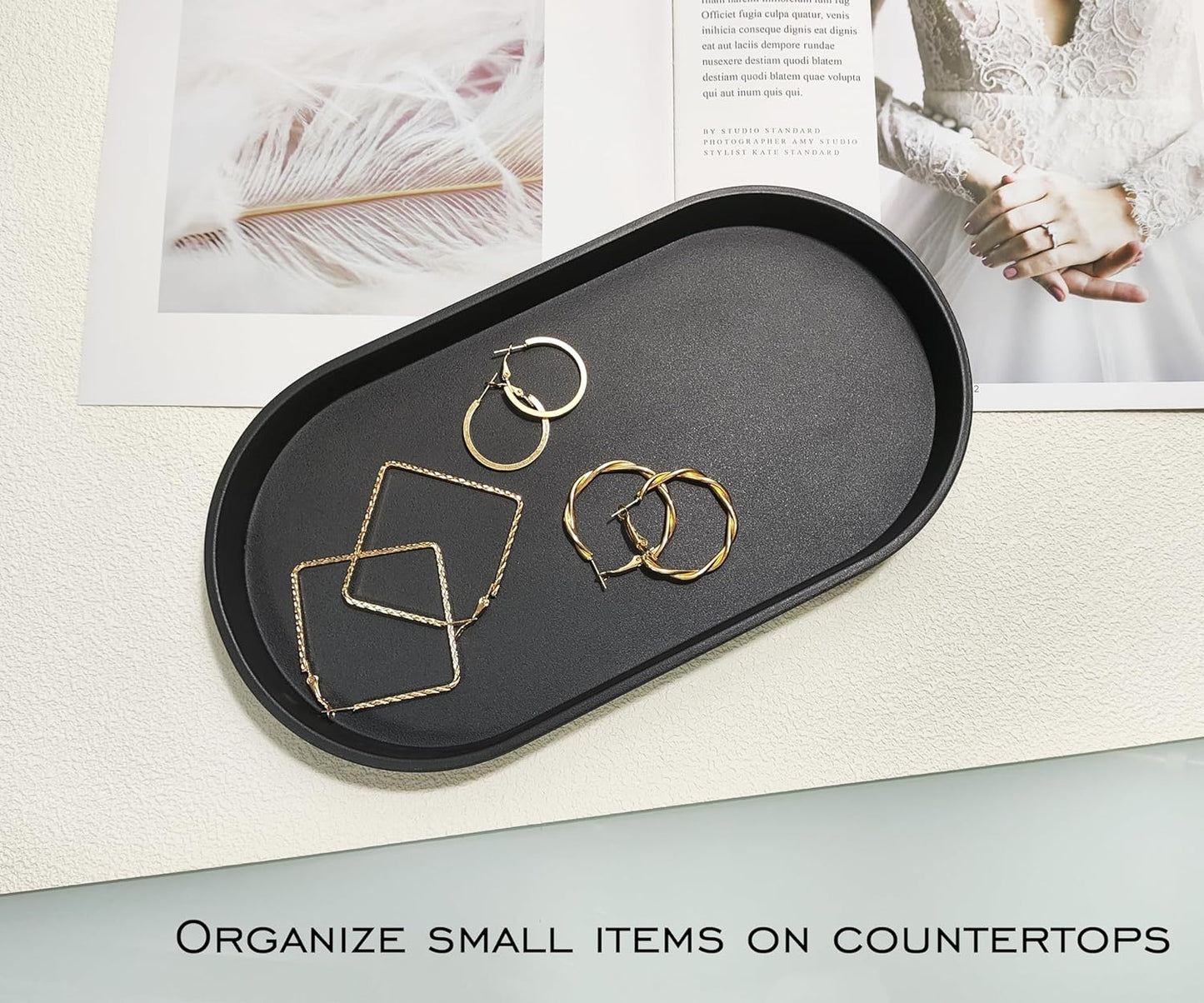 Black Small Tray (10 inch), Oval Tray for Kitchen Counter, Bathtub Bathroom Vanity Items, Countertop Organizer, Coffee Accessory, Bar, Serving Seasoning, Salt and Pepper, Soap, Perfume.