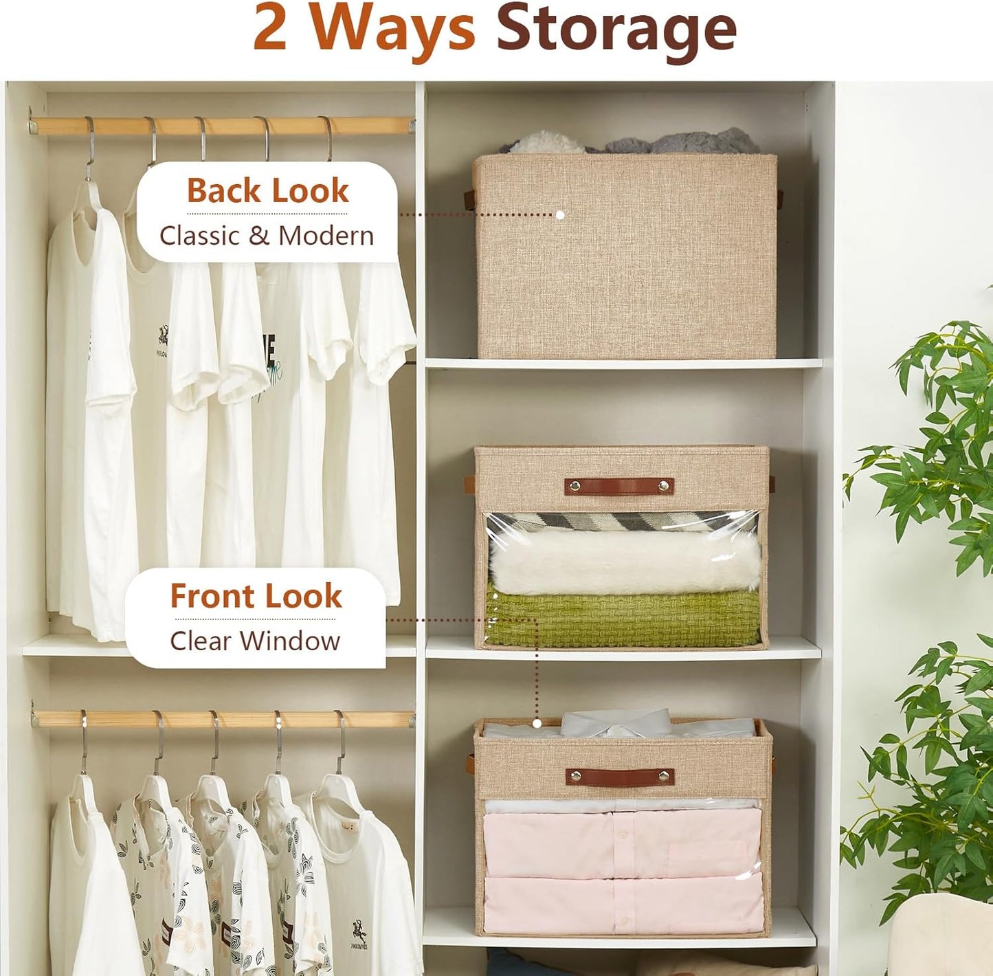 Extra Large Storage Baskets with Clear Window, See Through Closet Organizer with PU Handles, Linen Foldable Storage Bins for Organizing Clothes, Toys, Books (Khaki)