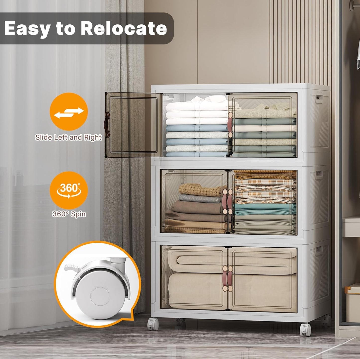 Extra Large Stackable Storage Bins with Lids & Wheels & Door, 336QT-112QT/28GAL*3Pack Foldable Collapsible Closet Organizers, Plastic containers drawers for bedroom Dorm