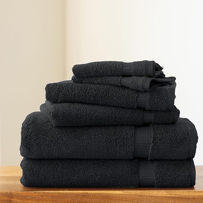 SALBAKOS 100% Turkish Cotton 6-Piece Towel Set | Heirloom Quality Hotel & Spa Collection | Soft, Super Absorbent 2 Washcloth, 2 Hand, 2 Bath Towel Sets | Made in Turkey (Black, 6 Pieces Towel Set)