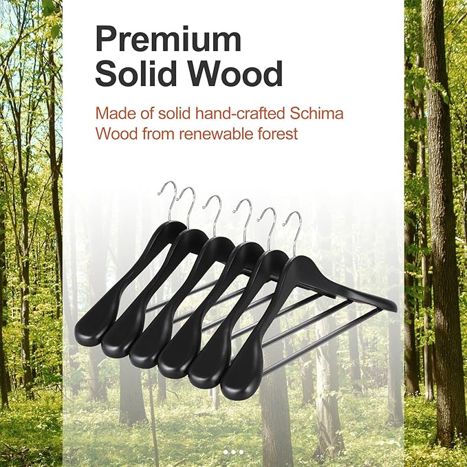 TOPIA HANGER Wide Shoulder Wooden Hangers, Suit Hangers with Non Slip Pants Bar & 360° Swivel Hook, Solid Wood Heavy Duty Coat Hanger, 10 Pack (Matte Black)-CT02B-10