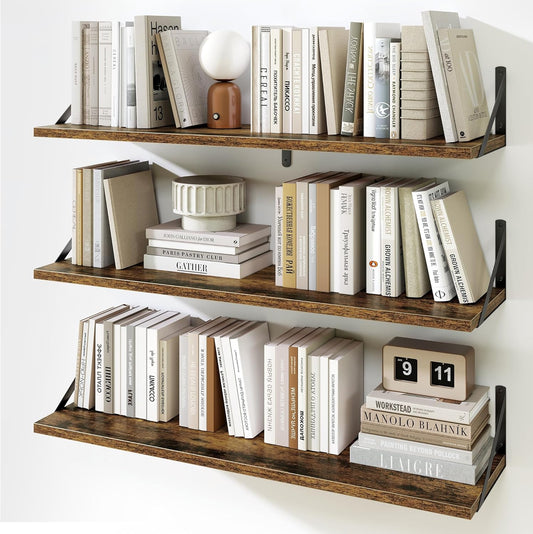 Fun Memories Floating Shelves for Wall, 36 Inches Long Set of 3 Wall Shelves for Bedroom, Floating Bookshelves with Metal Brackets for Living Room, Kitchen, Bedroom and Laundry Room (Rustic Brown)